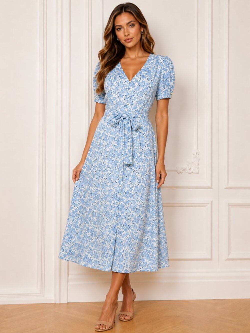 Size 12 Lauren by Ralph Lauren Tea-Length Blue White Floral Dress